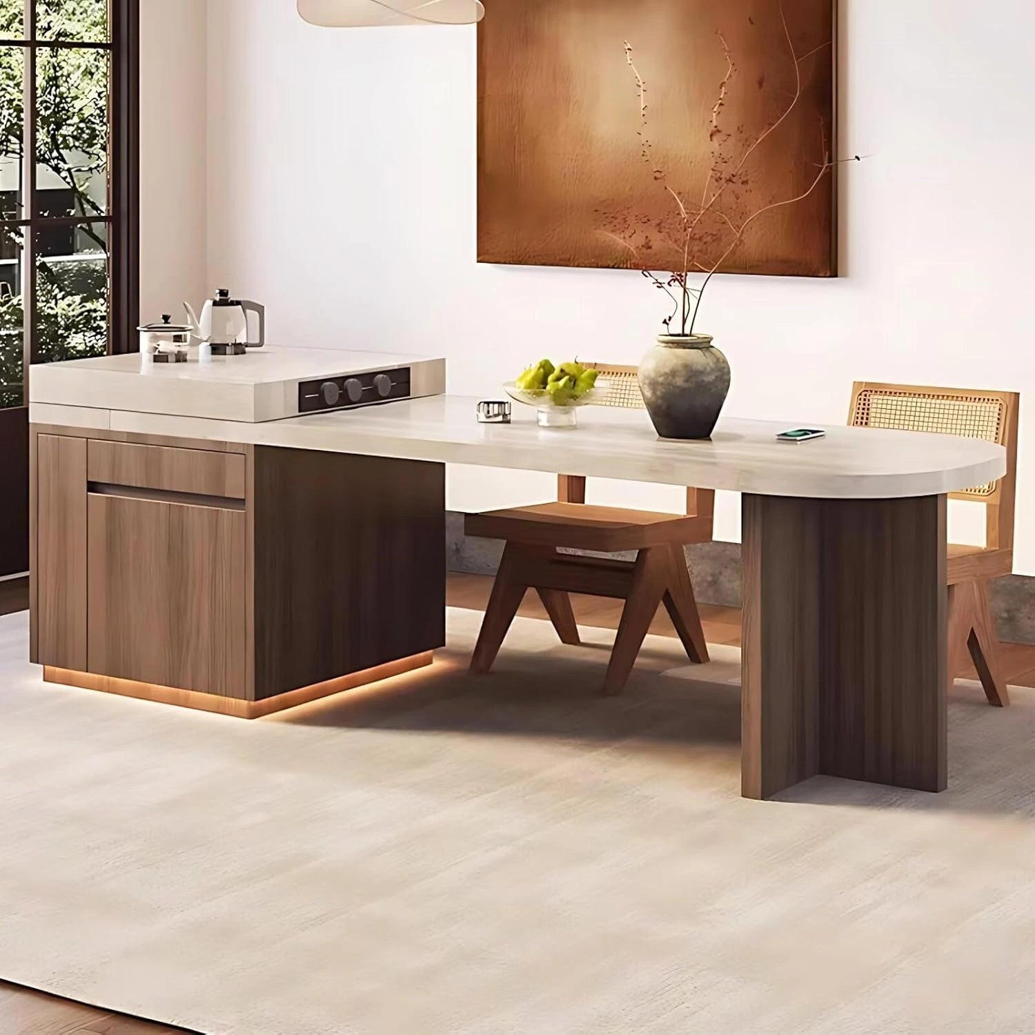 87” – 102” Natural Wood Kitchen Island with Storage Includes Stable Leg (No Chair)