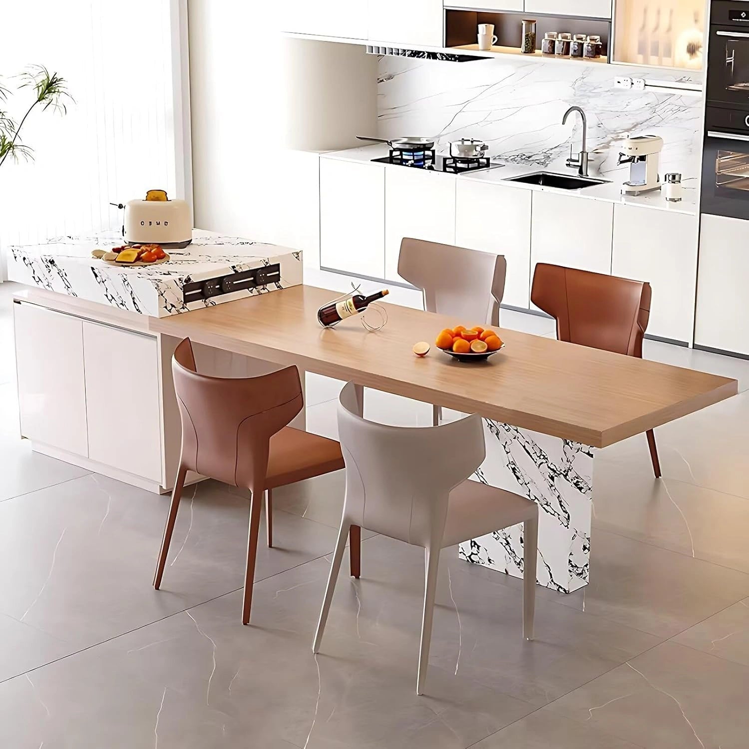 81” - 101” Elegant Log Kitchen Island Includes Black and White Patterned Surface (No Chair)