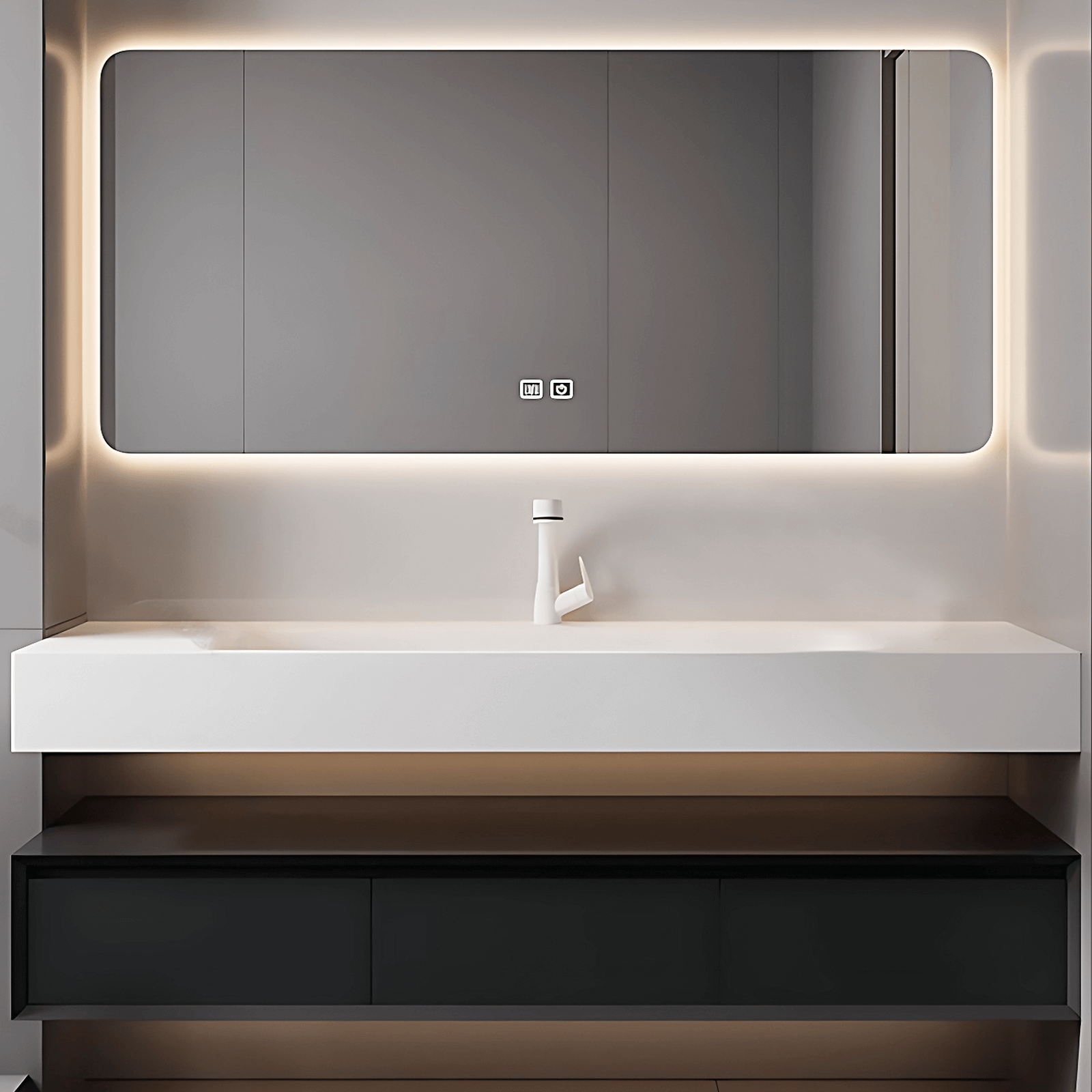 32"- 52" White And Black  Bathroom Vanity Set with Single Sink  And LED Smart Mirror