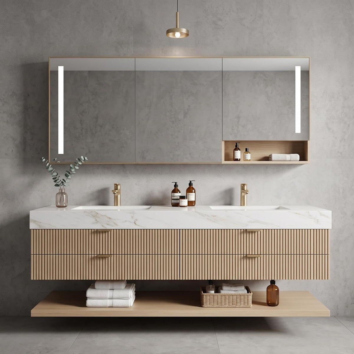 52''-110'' Wall Mounted Modern Double Sink Bathroom Vanity with Mirror Storage and Under-Cabinet Shelf