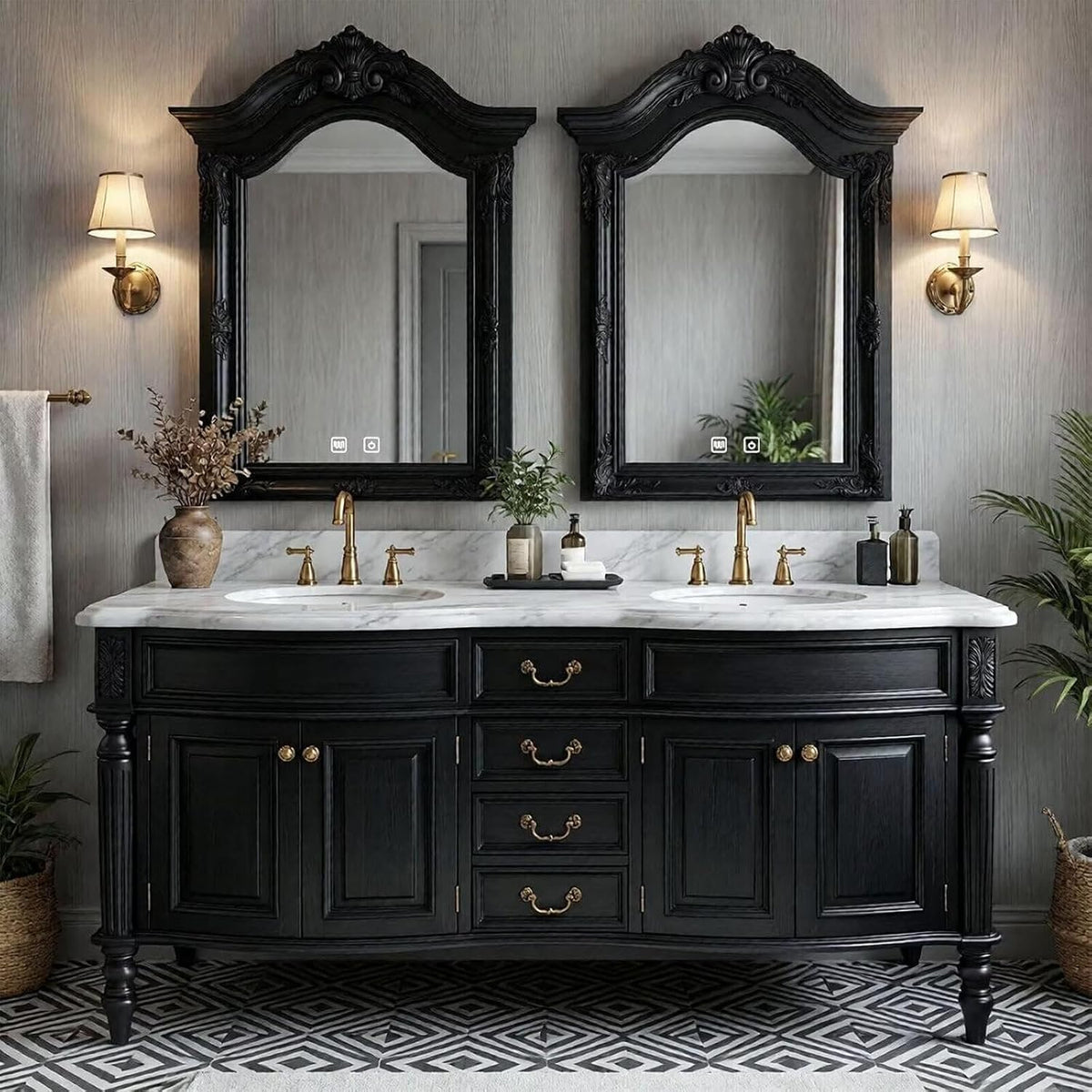 52''-110'' Modern Bathroom Vanity with Double Sinks Includes Black Carved Mirror