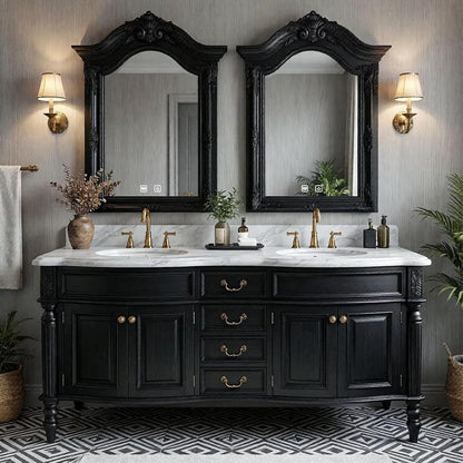 52''-110'' Modern Bathroom Vanity with Double Sinks Includes Black Carved Mirror