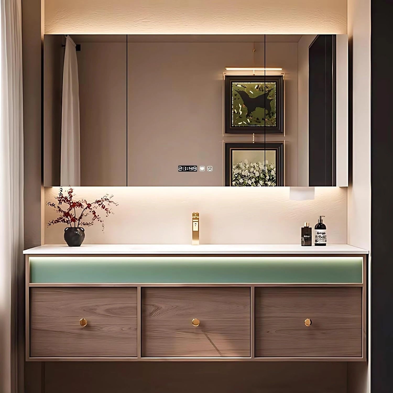 40” - 64” Spacious Natural Bathroom Vanity with Smart Light Strips & Mirror Cabinet