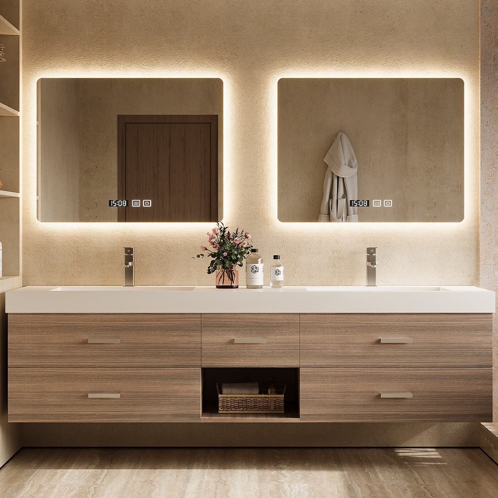 56"- 78" Floating Modern Bathroom Vanity with Double Sinks and LED Smart Defog Mirror