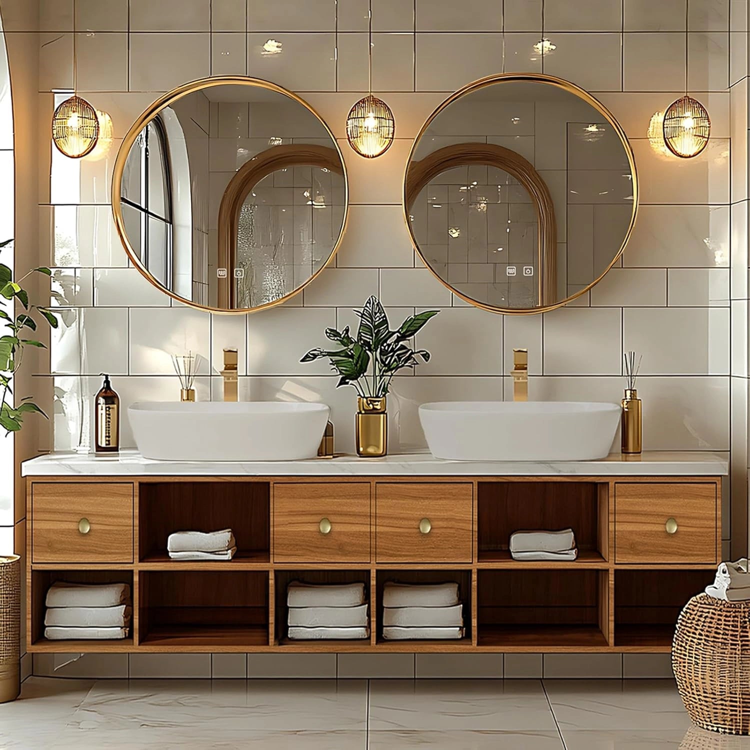 72” - 96” Practical Cozy Bathroom Vanity Includes Above Counter Sink & Round Mirror