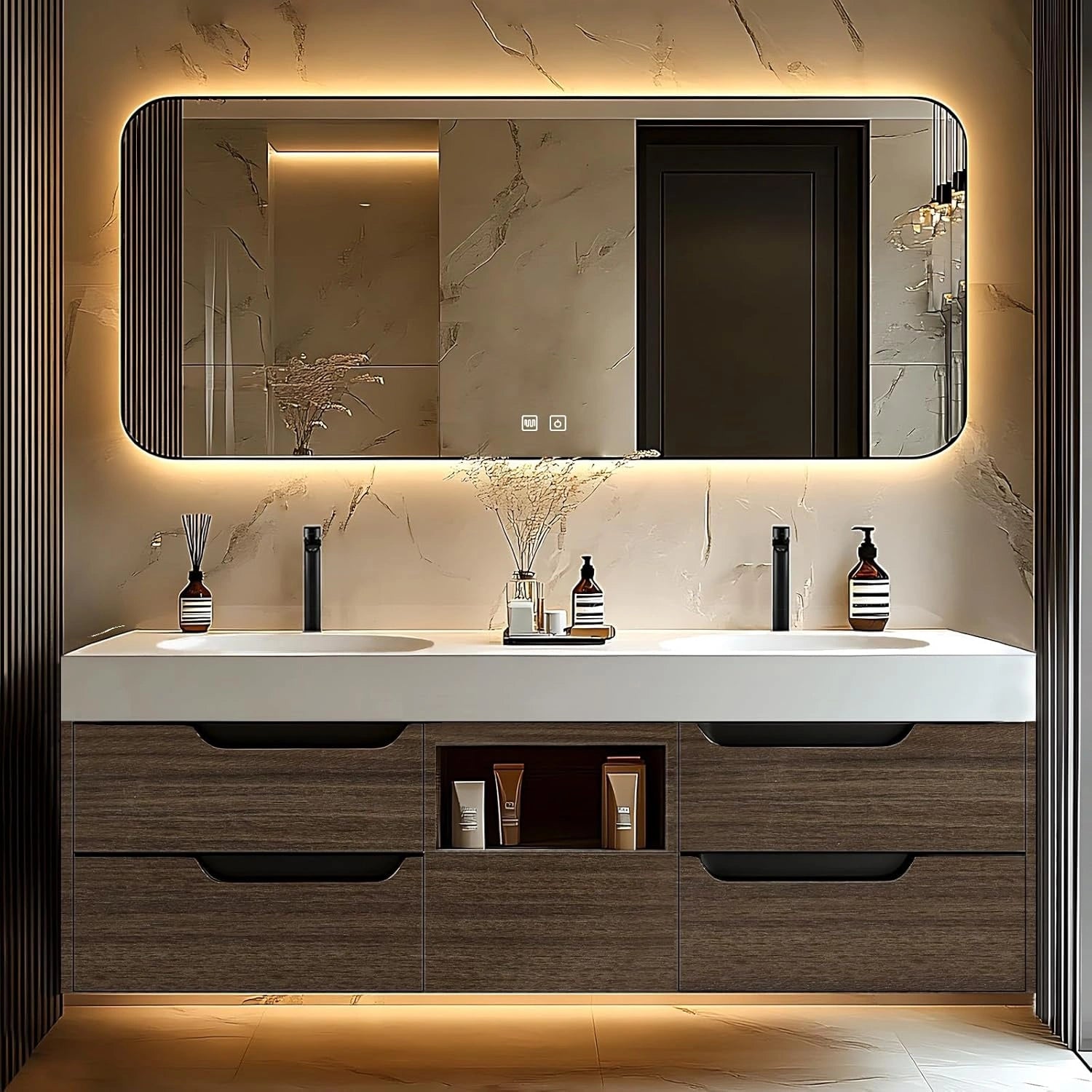 60” - 78” Light Luxury Bathroom Vanity Includes Brown Textured Cabinet