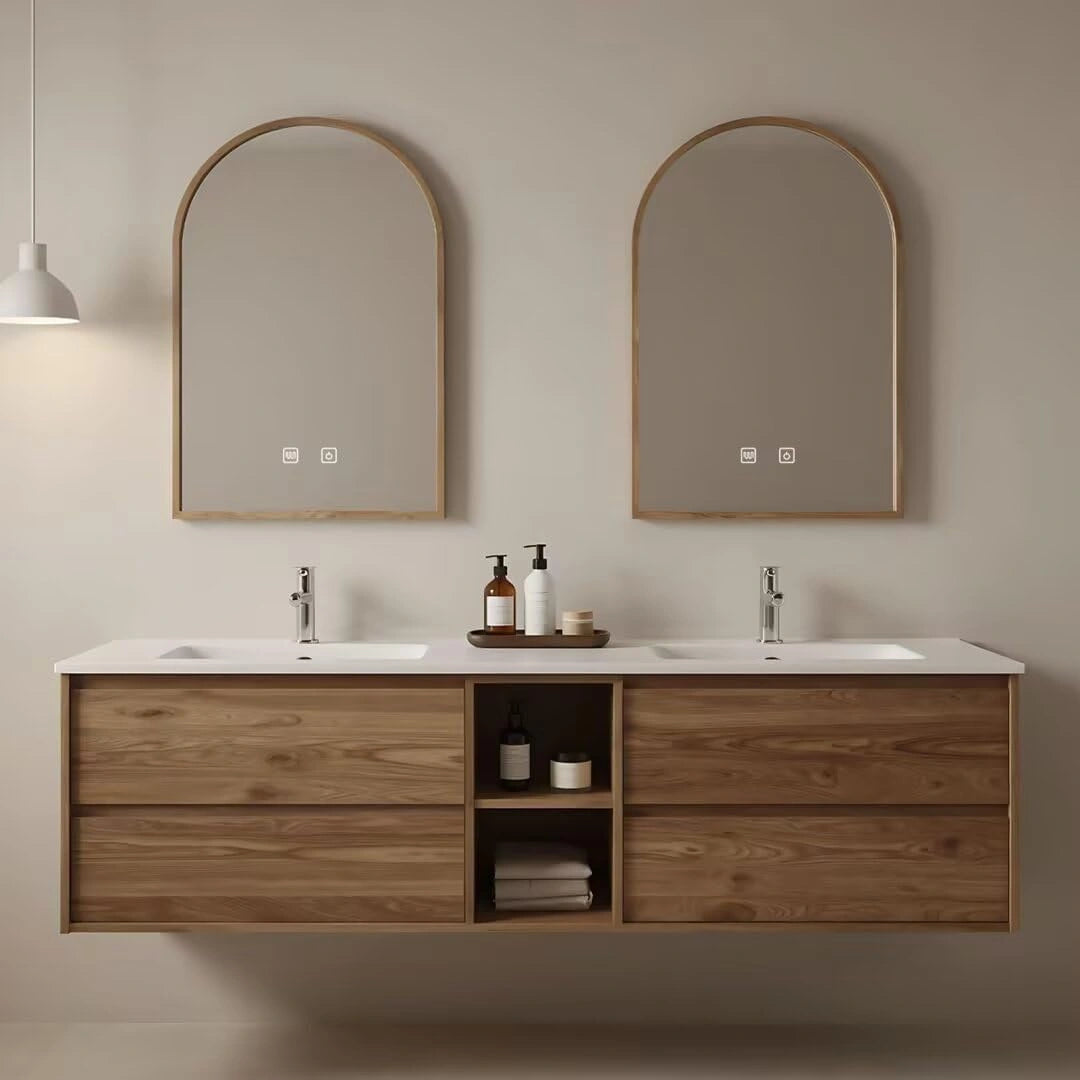 60” - 84” Simple Bathroom Vanity Includes Wood Grain Cabinet & Open Compartments