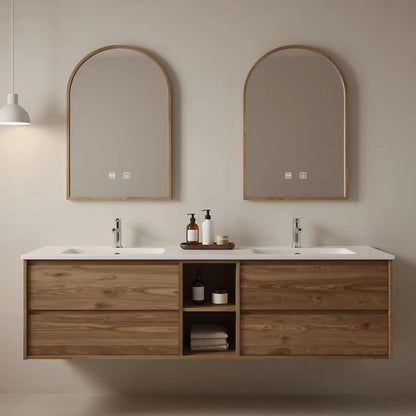 60” - 84” Simple Bathroom Vanity Includes Wood Grain Cabinet & Open Compartments