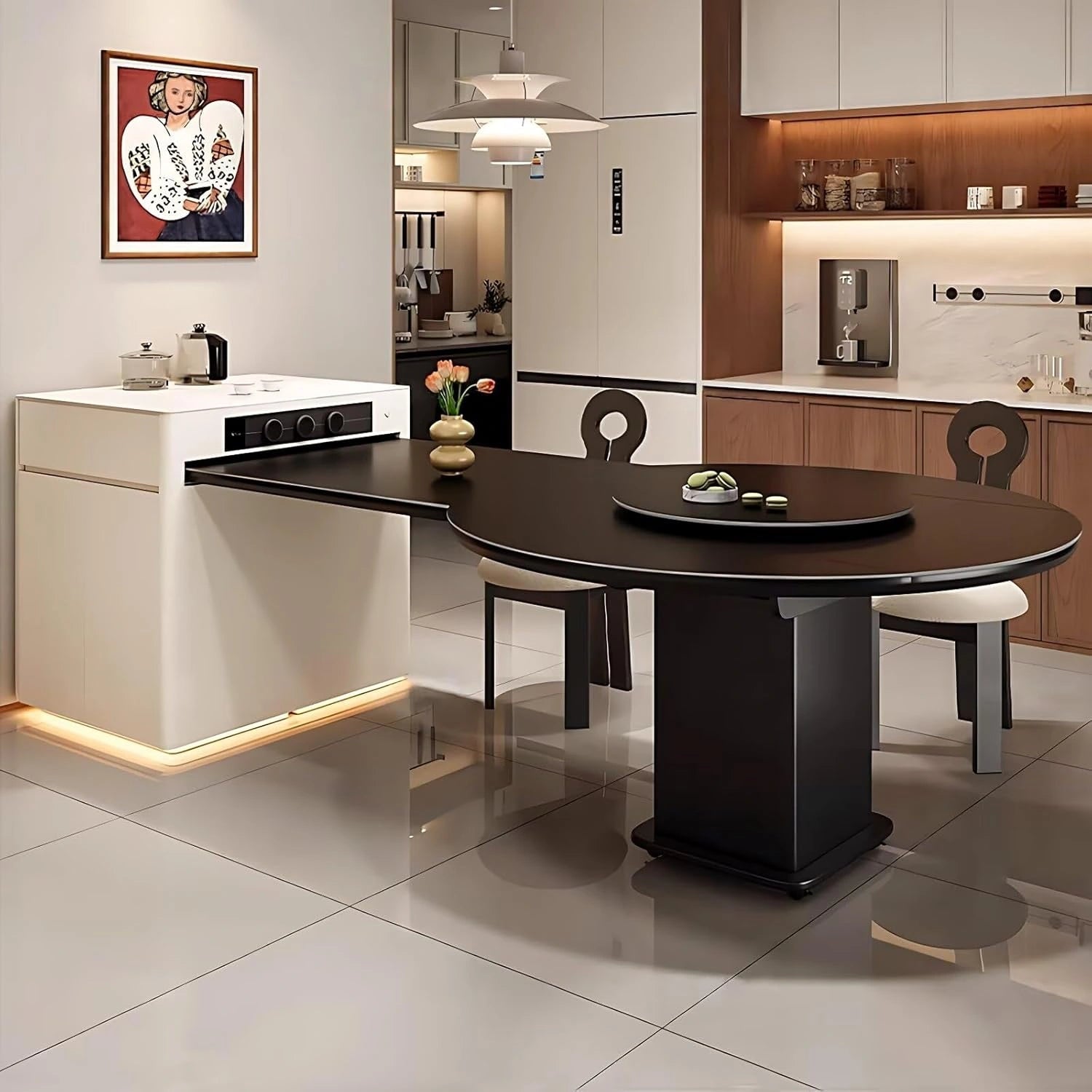 75” - 83” Black Modern Kitchen Island Includes Round Table Design & Ambient Light (No Chair)