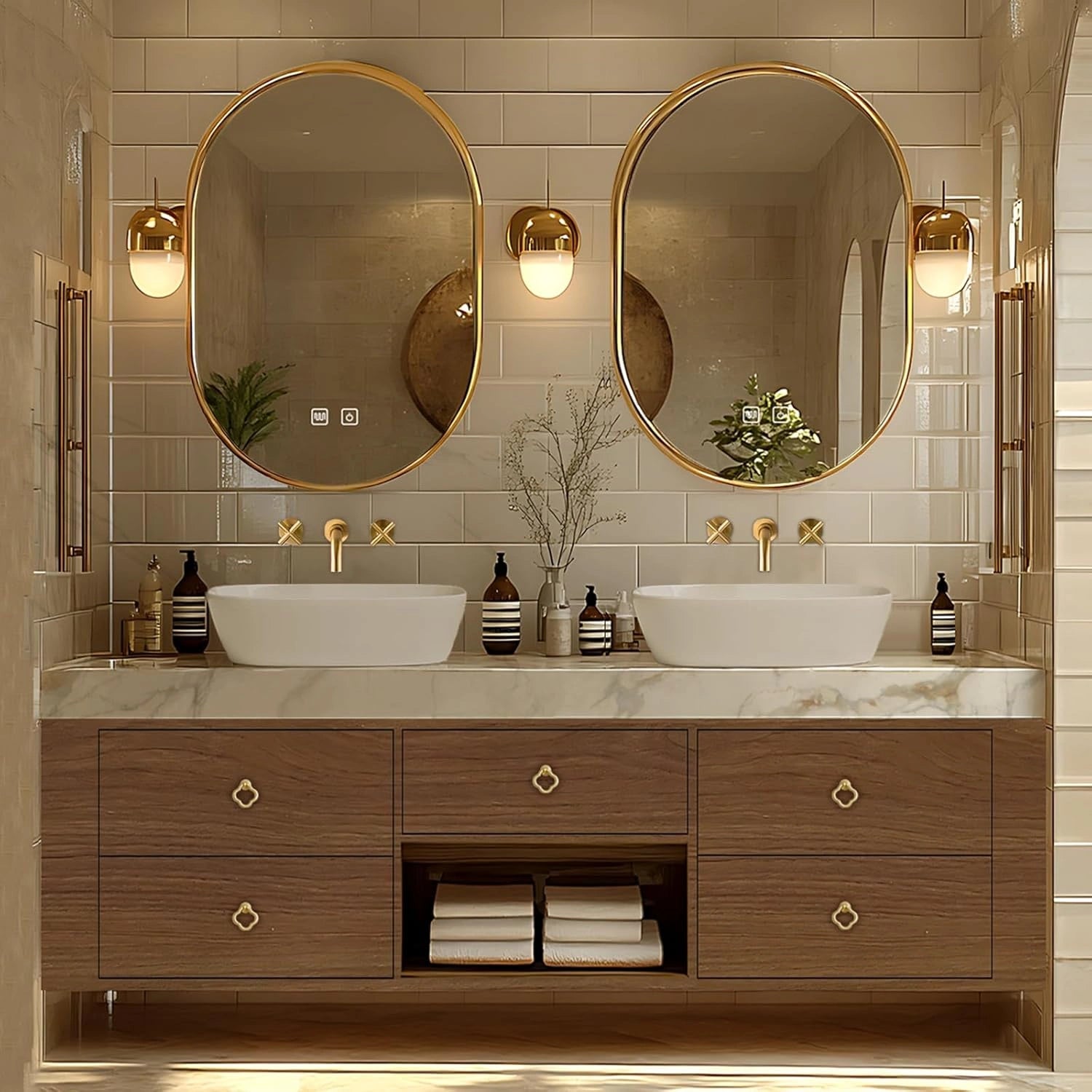 68” - 80” Retro Simple Bathroom Vanity Includes Solid Wood Cabinet & Round Mirror