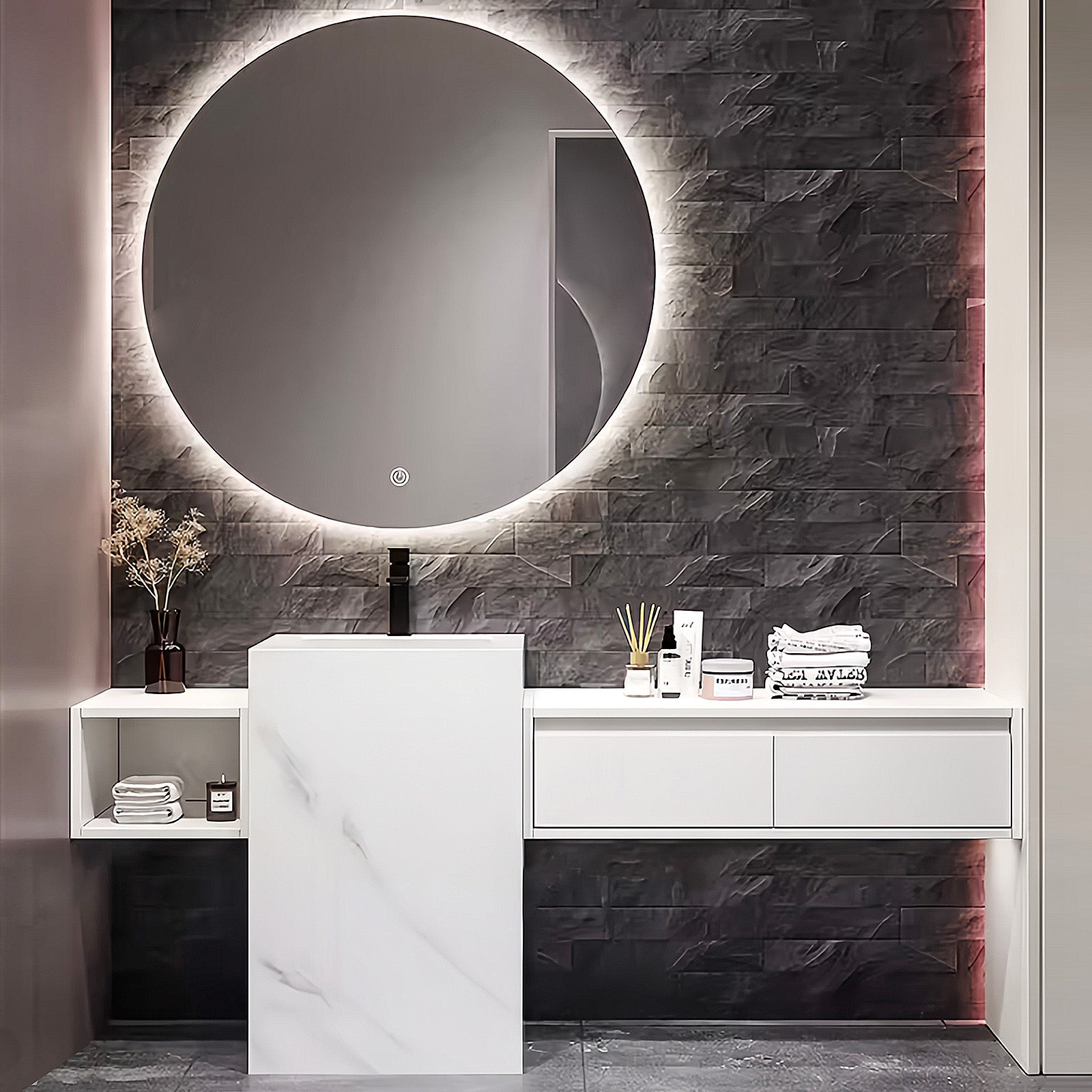 56"- 72" Freestanding Single Ceramic Sink With Round Smart Led Mirror