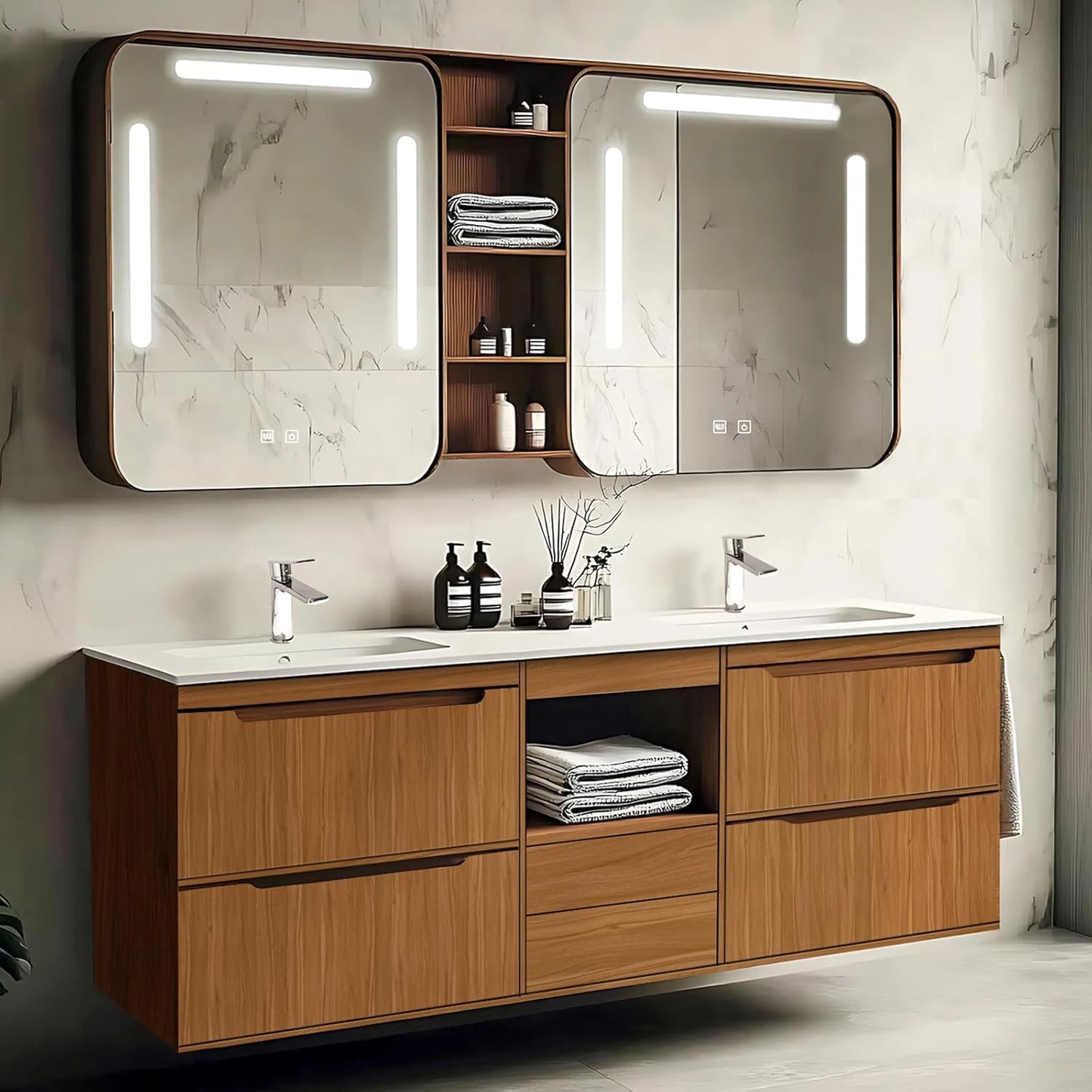 60” - 78” Modern Bathroom Vanity Includes Symmetrical Drawer & Square Mirror