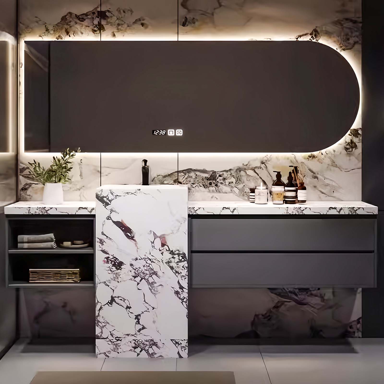 48"- 68" Single Basin And Grey Solid Wood Cabinet With Led Lighting Smart Mirror