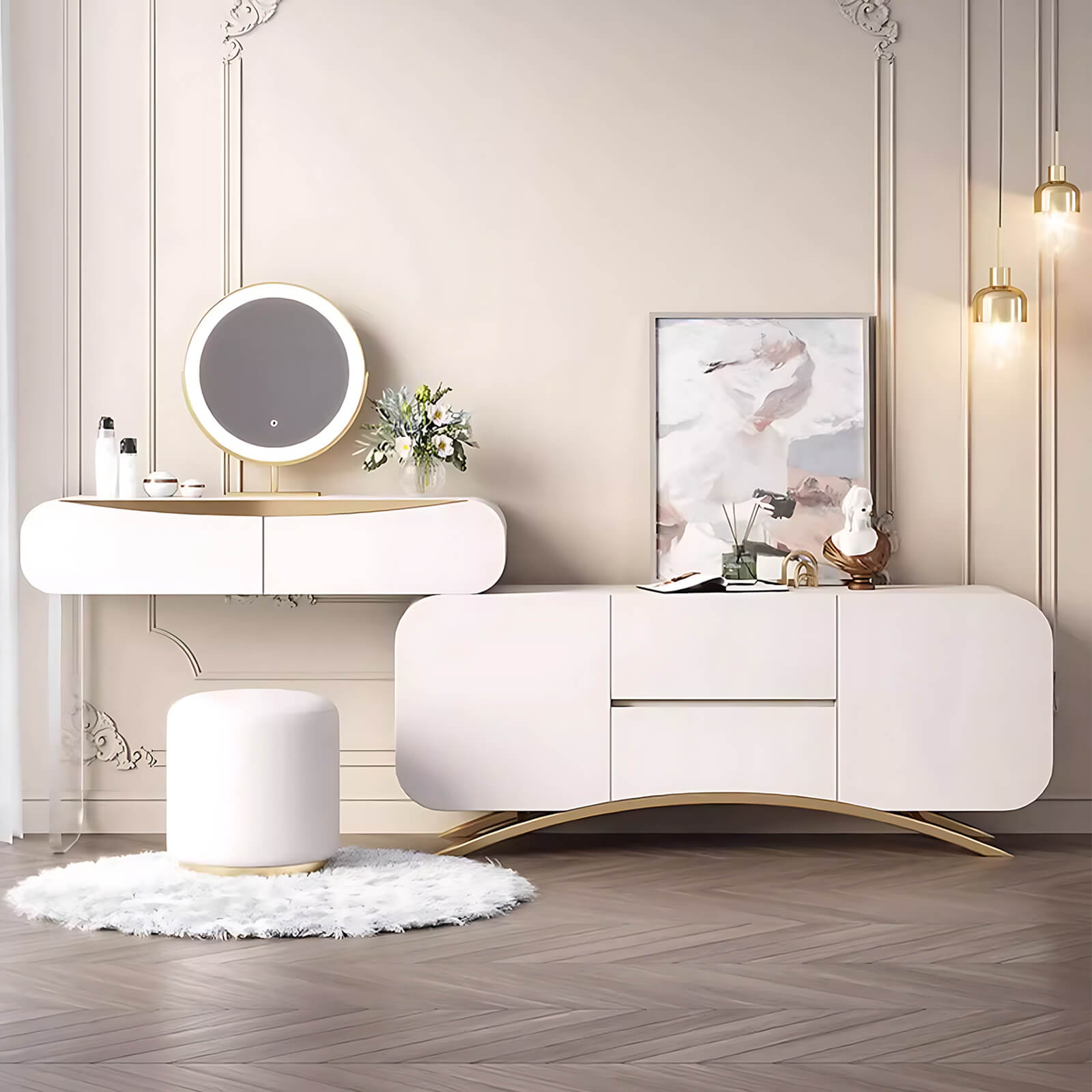 Cosmetic Vanity with Round Adjustable LED Mirror