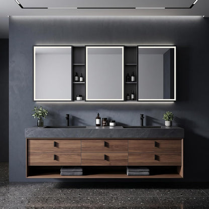 52‘’-110‘’ Modern Bathroom Vanity with Sinks Includes Bronze Frame,Open Center Shelf