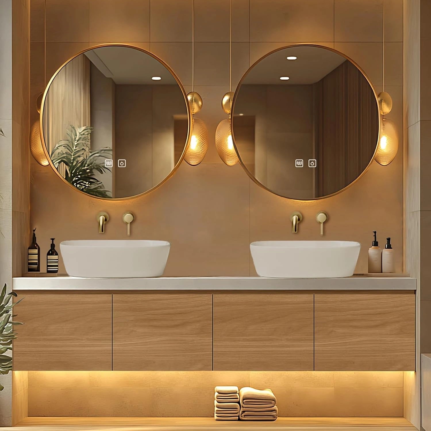 68” - 88” Modern Exquisite Bathroom Vanity Includes Above Counter Sinks & Round Mirrors