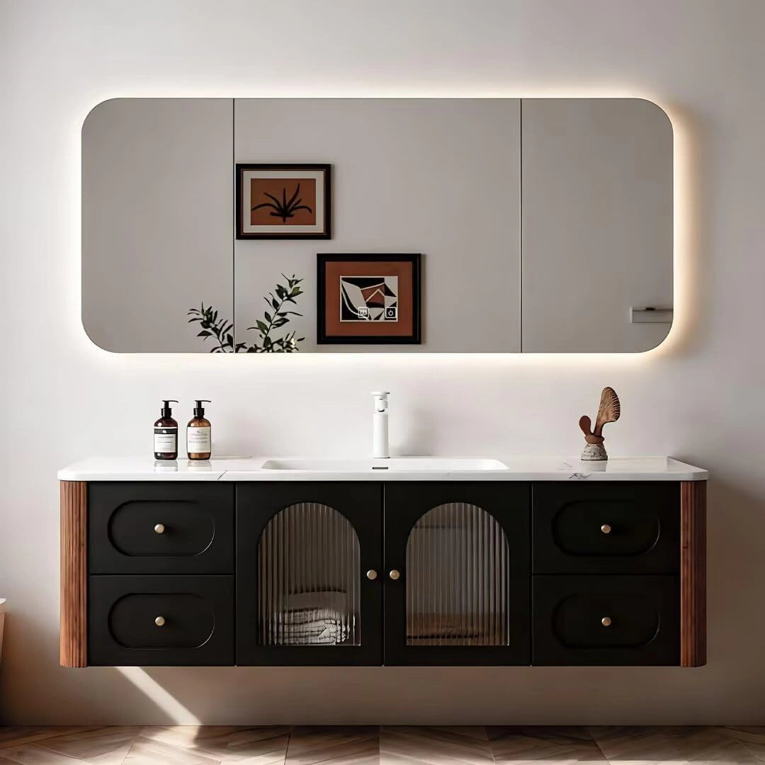 52” - 64” Modern Luxury Bathroom Vanity Includes Vertical Patterned Glass Door