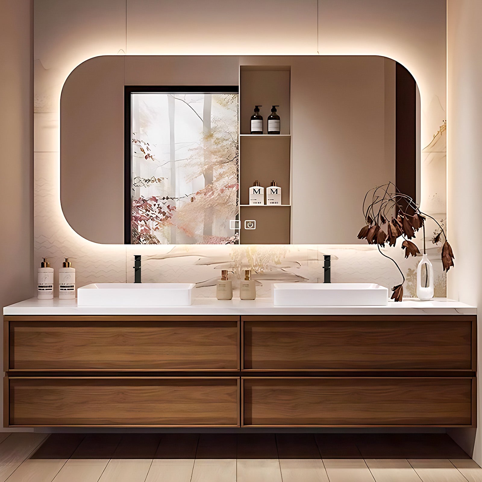 56"- 78" Floating Double Ceramic Sink With Led Lighting Smart Mirror