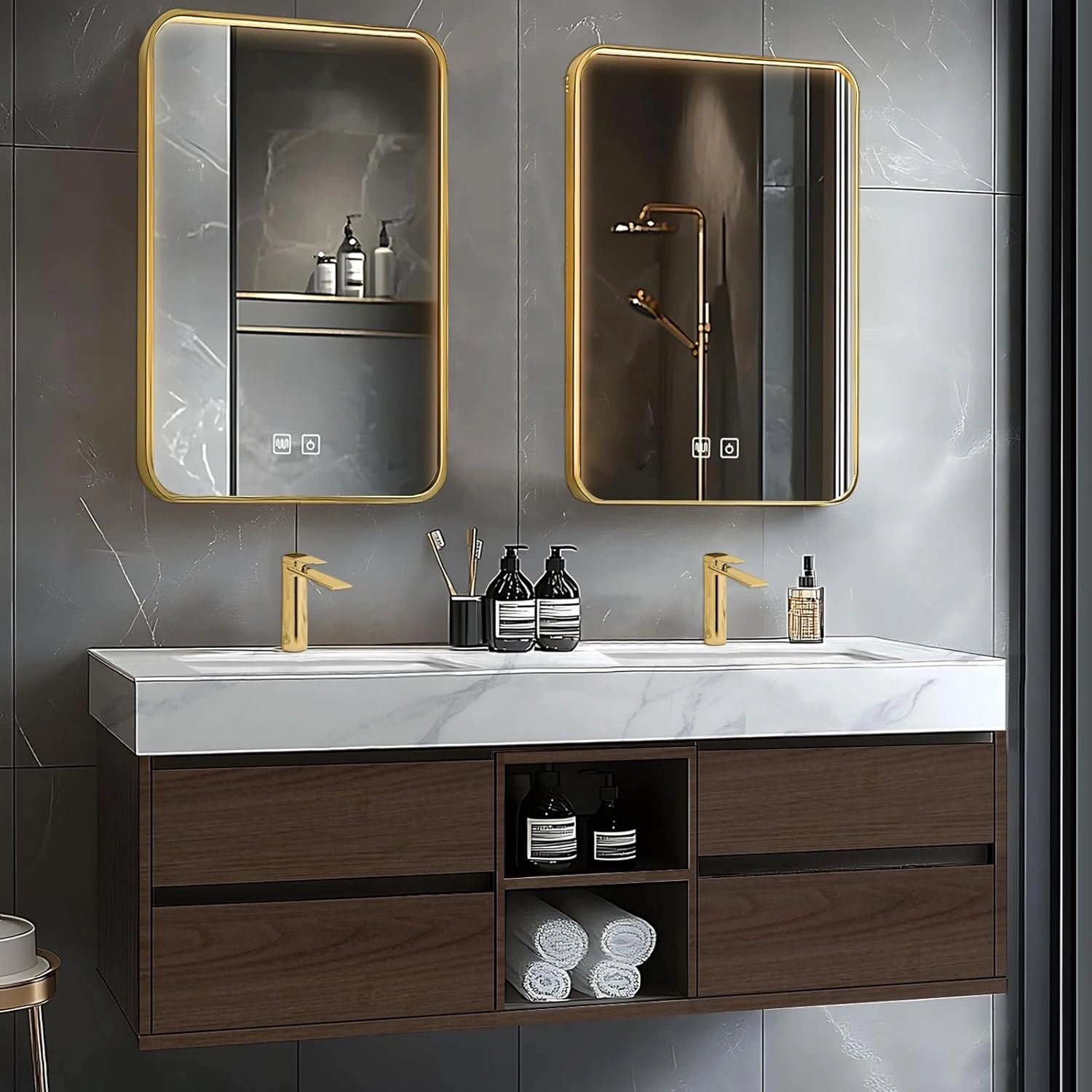 60” - 78” Brown Elegant Bathroom Vanity with Double Sinks Includes Symmetrical Drawer