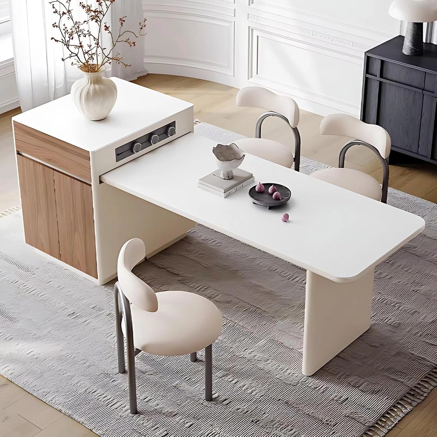 65” - 96” Modern Simple Kitchen Island Includes Sliding Rail Socket & Round Corner Design (No Chair)