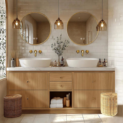 76” - 96” American Country Bathroom Vanity Includes Round Mirror & Solid Wood Cabinet