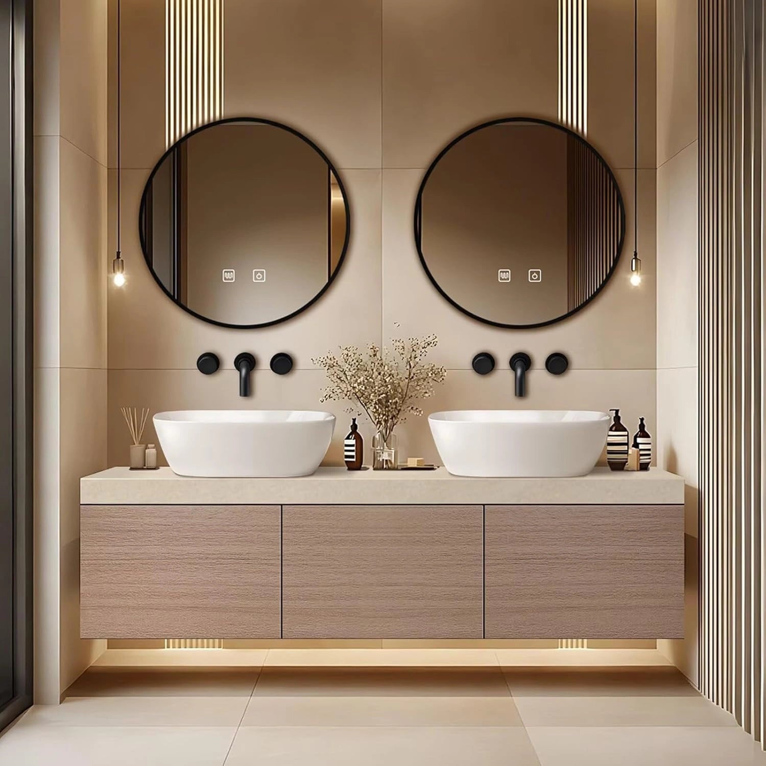 60” – 96” Minimalist Floating Bathroom Vanity with Ceramic Vessel Sinks