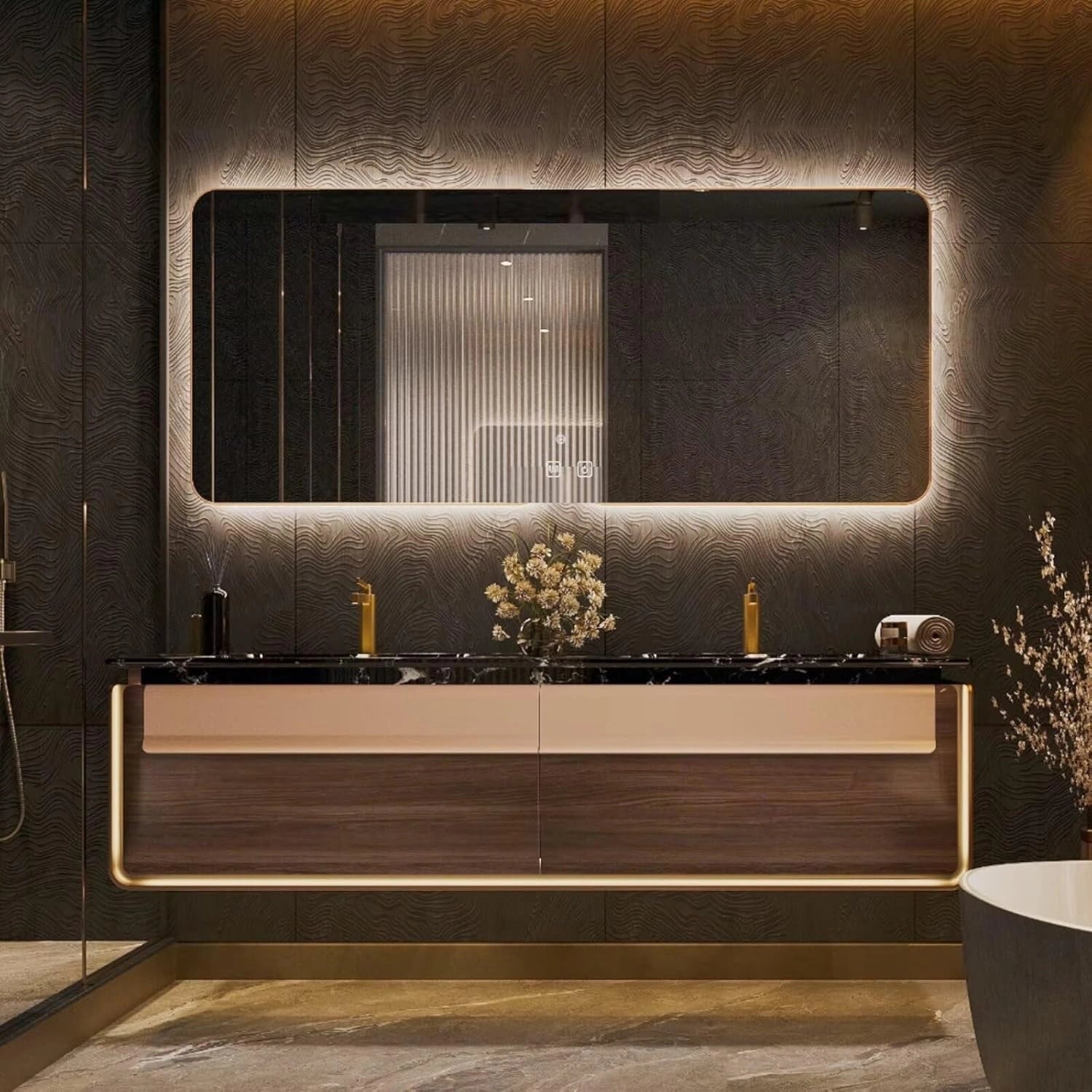 60” - 78” Classic Luxury Bathroom Vanity with Rock Slabs Texture Countertop