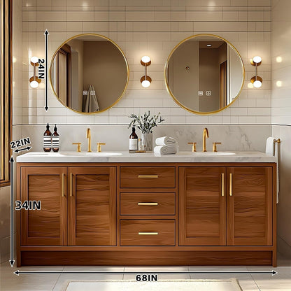 68” - 96” Wood Grain Bathroom Vanity with Exquisite Handle and Round Mirror
