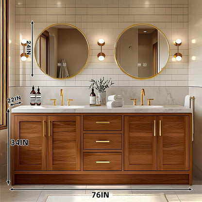 68” - 96” Wood Grain Bathroom Vanity with Exquisite Handle and Round Mirror