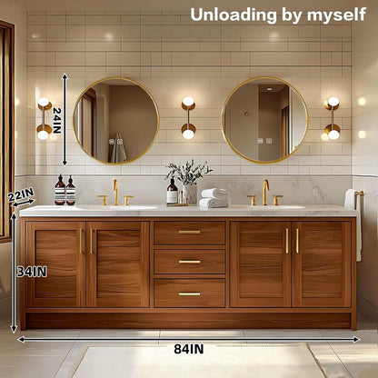 68” - 96” Wood Grain Bathroom Vanity with Exquisite Handle and Round Mirror