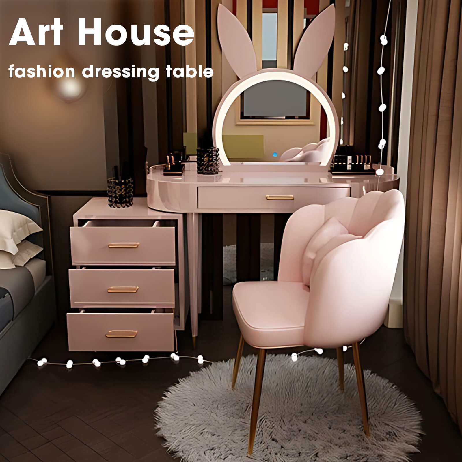 Makeup Vanity with Pink Piano Lacquer Finish & Rabbit Ear Shaped Mirror