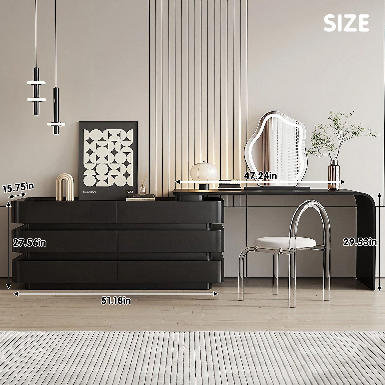Modern Black Extendable Makeup Vanity with Curved Design & Artistic LED Mirror
