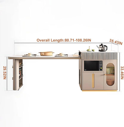 80.71” Light Luxury Kitchen Island Includes Open Shelf Design (No Chair)