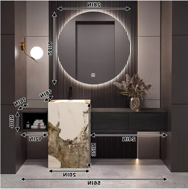52"- 72" Round Mirror With LED Lighting And Black color Single Basin And Sink