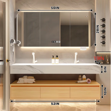 52"- 78" Double Sink Bathroom Vanity Set with Mirror Cabinet and Three Drawers