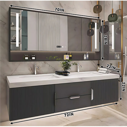 40"- 78" Solid Wood Wall Mounted Bath Vanity Set with Defogging Mirror and Ceramic Basin