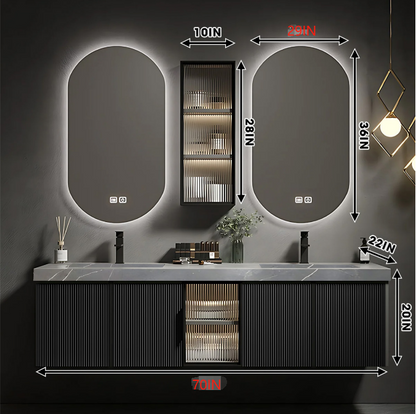 36"- 78" Floating Bathroom Vanity Set with Mirror, Sink and Striped Glass Doors Cabinet