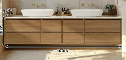 52" - 64" Wall Mounted Modern Bathroom Vanity with Double Sink Rock Slab Ceramic Basin