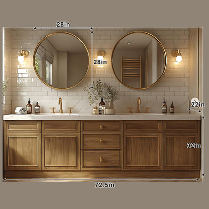 52" - 64" Wall Mounted Modern Bathroom Vanity with Double Sink Rock Slab Ceramic Basin