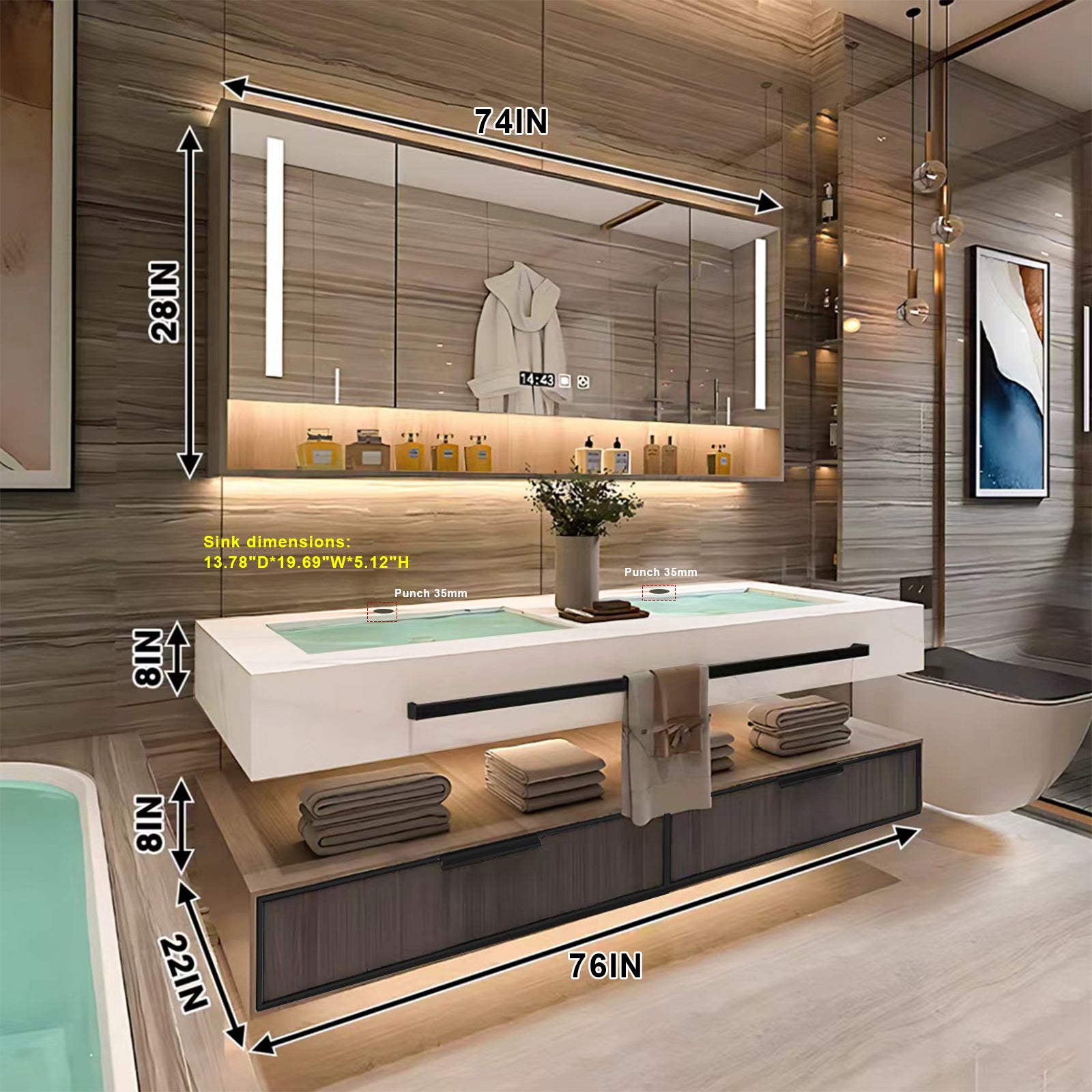 36"- 78" Open Storage Bathroom Vanity Set with LED Mirror Cabinet and Sink