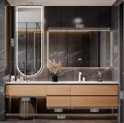52" - 64" Wall Mounted Modern Bathroom Vanity with Double Sink Rock Slab Ceramic Basin