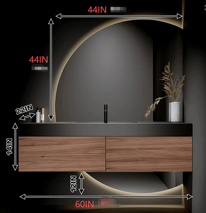 40"- 60" Wall Mounted With Single Sink and Faucet Round Mirror