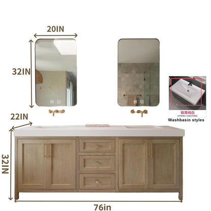 52" - 64" Wall Mounted Modern Bathroom Vanity with Double Sink Rock Slab Ceramic Basin