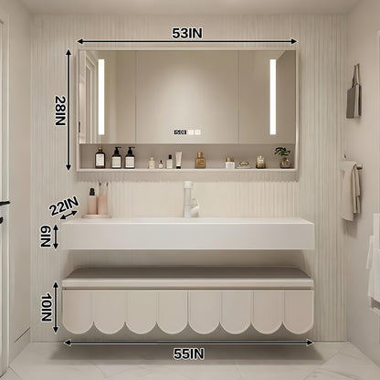 52"- 78" White Double Basin Floating Bathroom Vanity Set with Mirror Cabinet