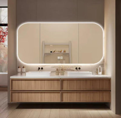 56"- 78" Floating Double Ceramic Sink With Led Lighting Smart Mirror
