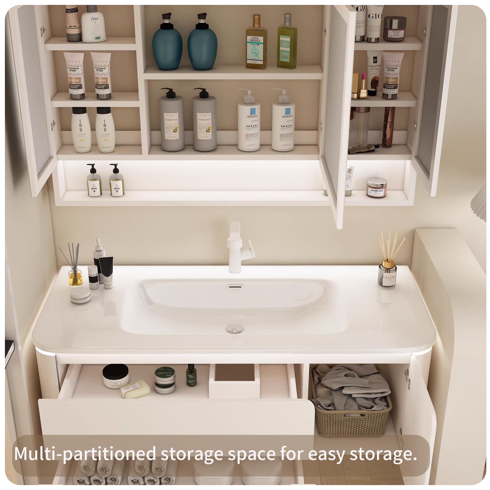 36"- 48" Single Sink Solid Wood Floating Bath Vanity Set with LED Mirror and Smart Sensor Light