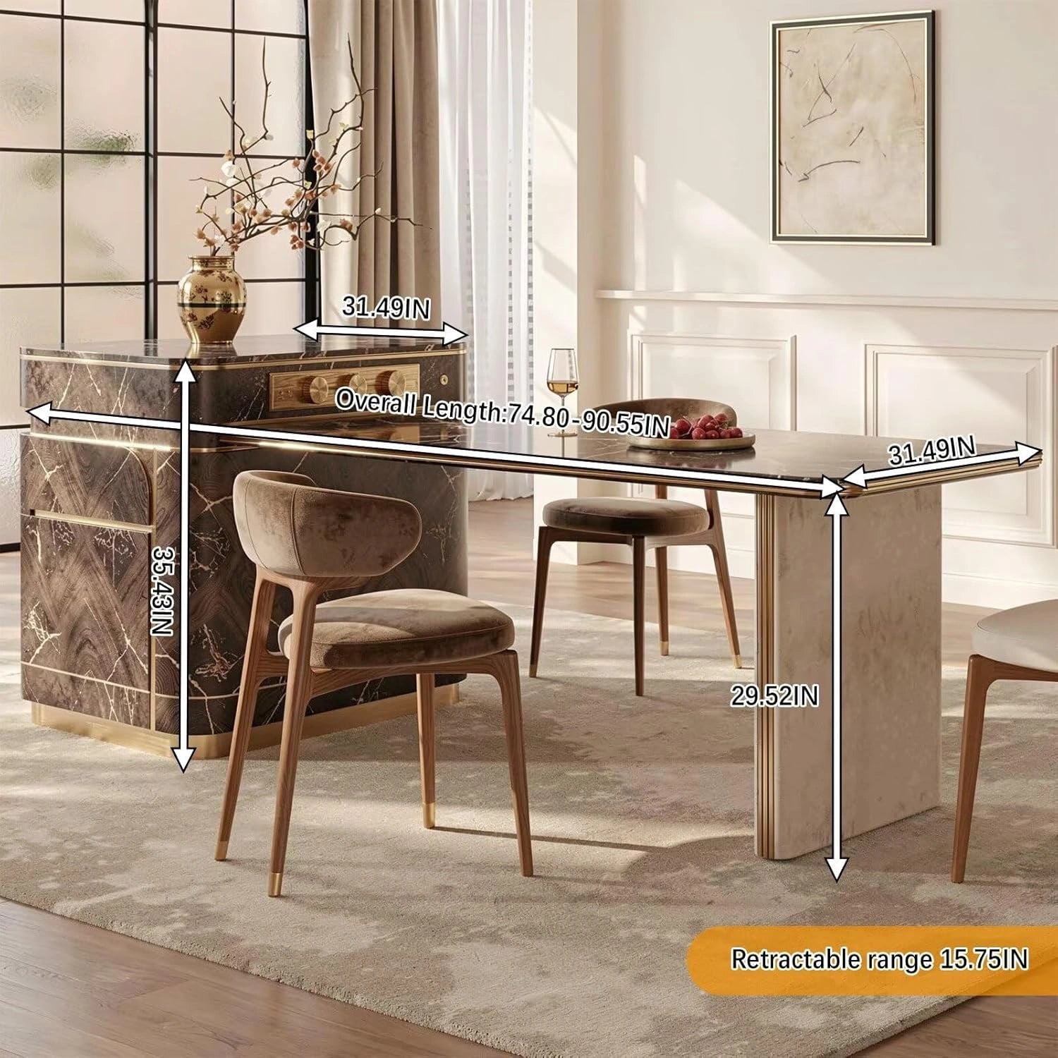 75” Luxury Modern Kitchen Island with Marble & Wood Material