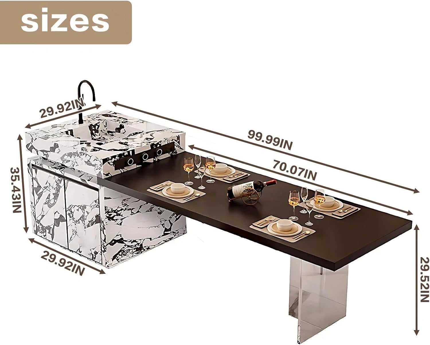 92” - 100” Modern Elegant Kitchen Island Includes Transparent Table Legs with Mood Light (No Chair)
