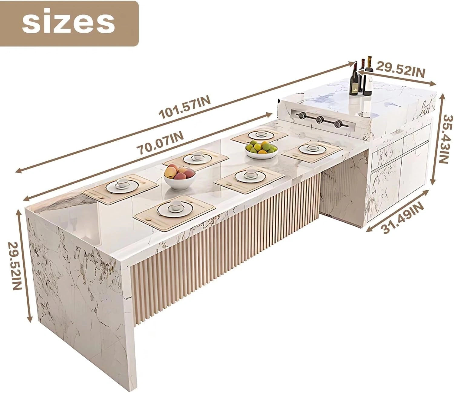 94” - 102" Luxury Exquisite Kitchen Island Includes Brown Striped Panel (No Chair)