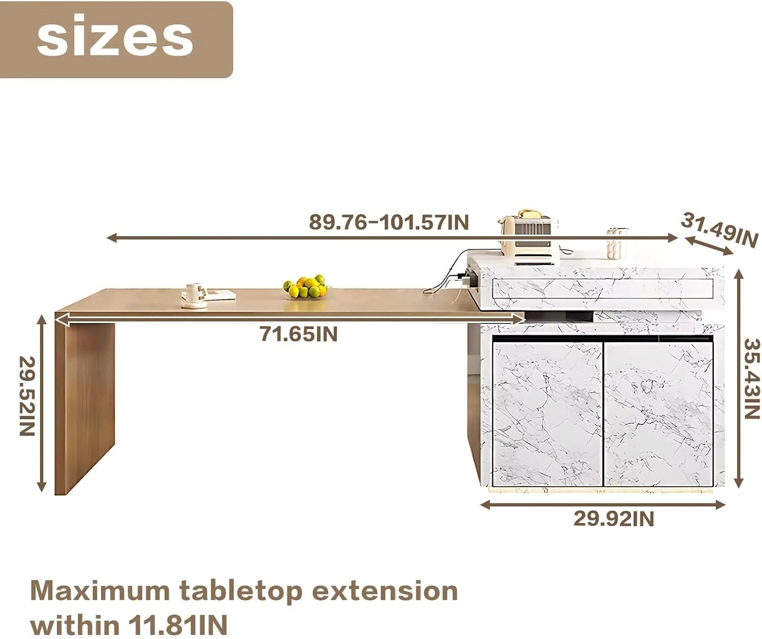 94” - 102” Modern Unique Kitchen Island with Storage Space and Wheels (No Chair)